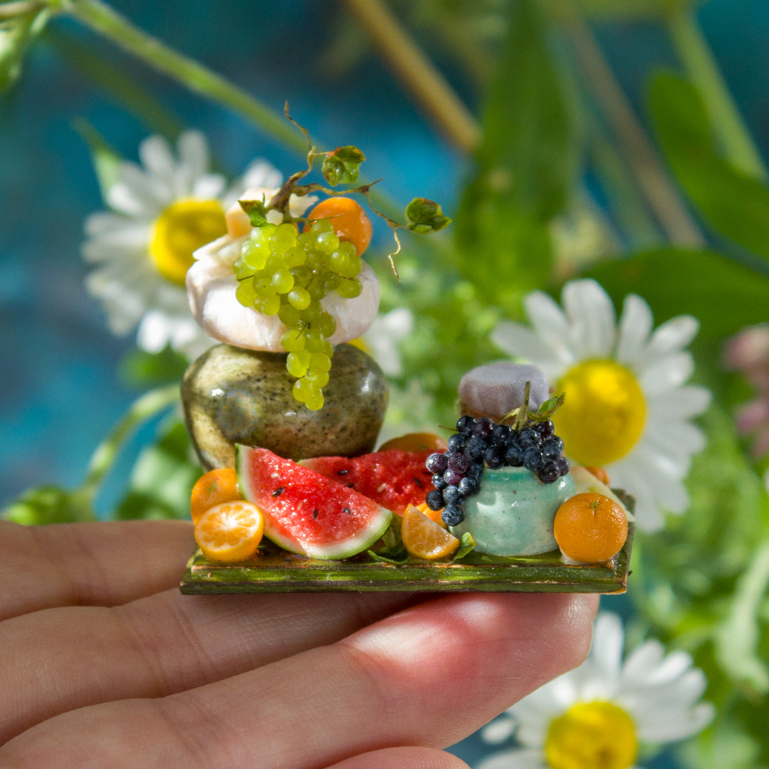 Miniature fruit and cheese still life for dollhouse in 1:12 scale 1