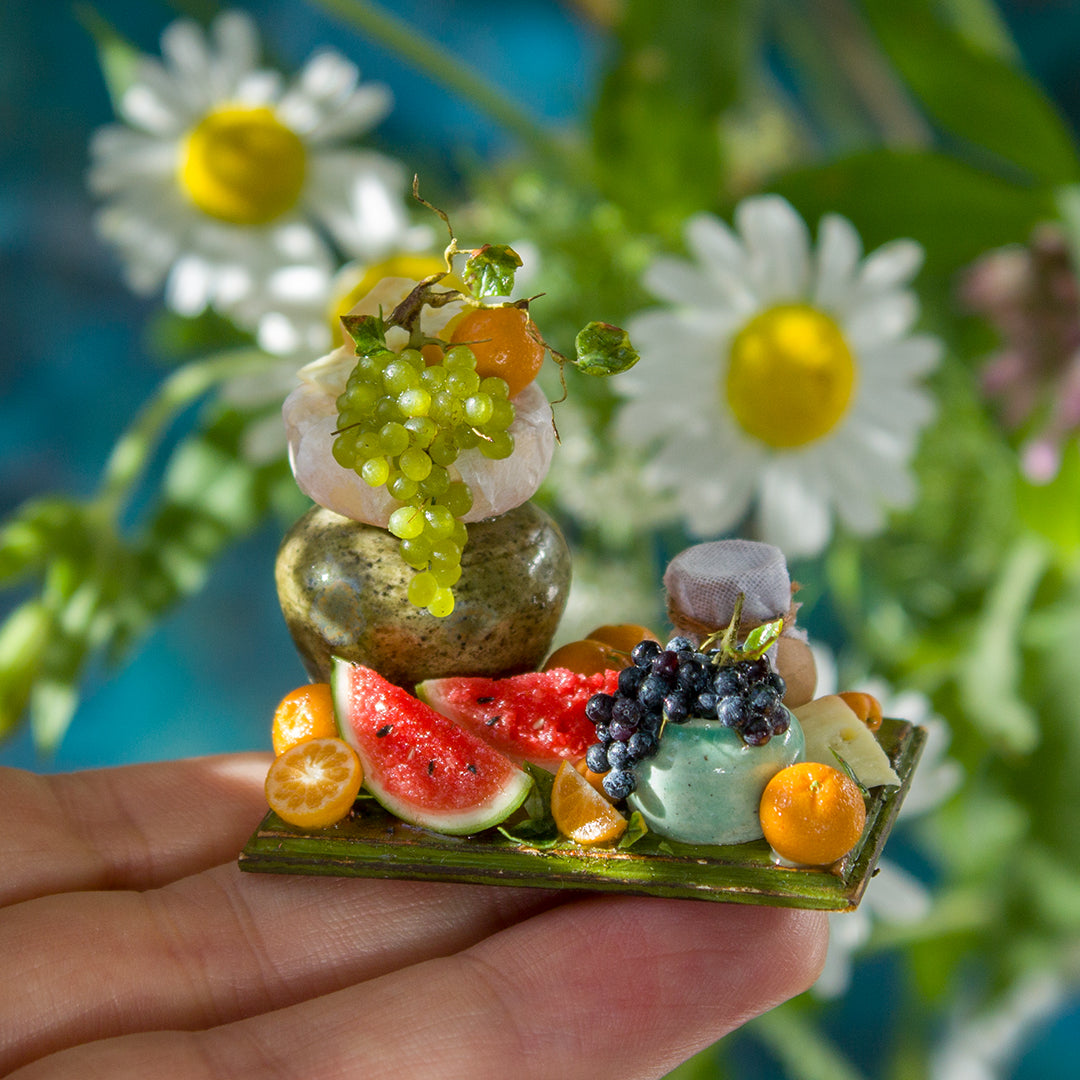 Miniature fruit and cheese still life for dollhouse in 1:12 scale 1