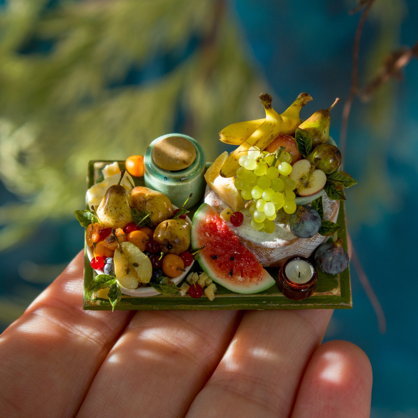 Miniature set with cheese and fruits for dollhouse in 1:12 scale 2