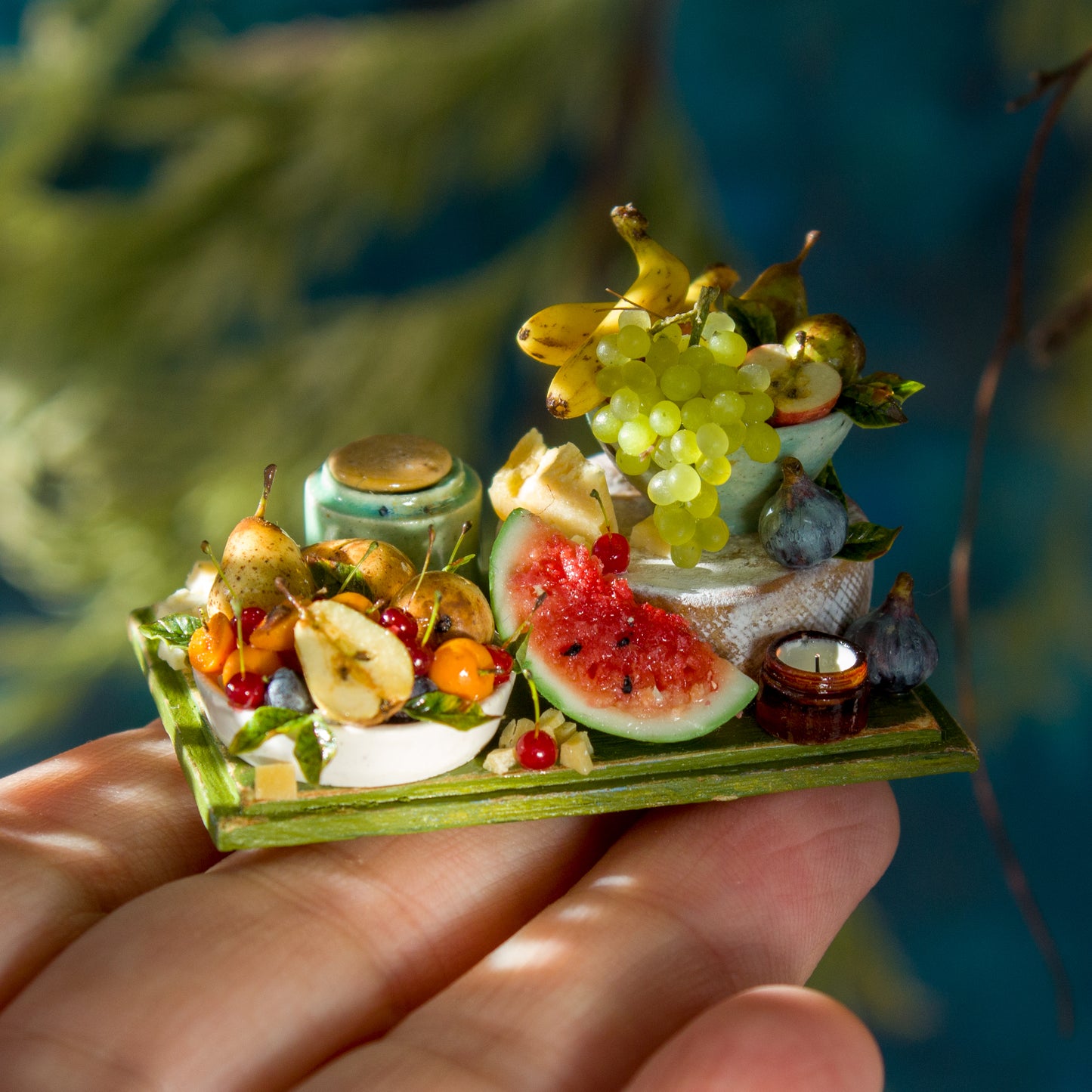 Miniature set with cheese and fruits for dollhouse in 1:12 scale 2