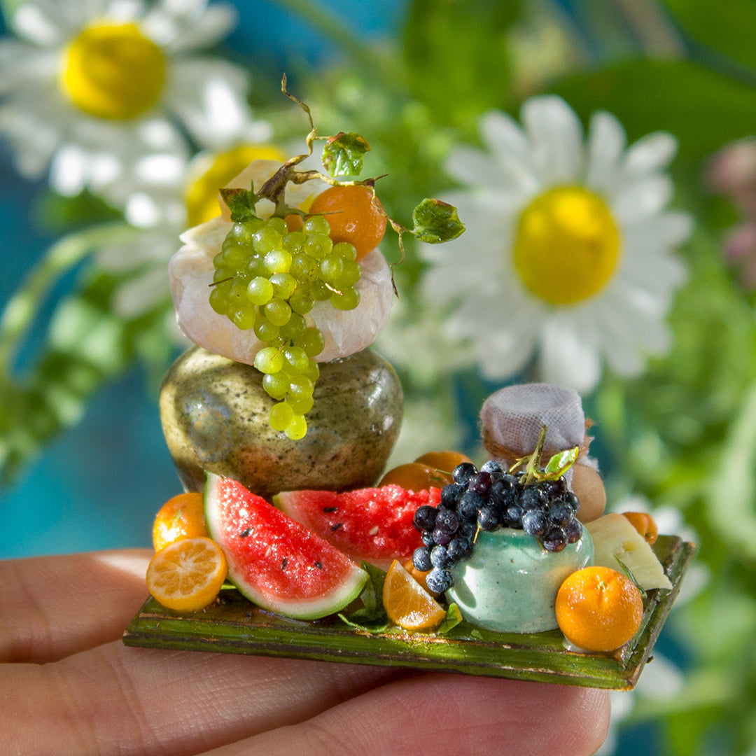 Miniature fruit and cheese still life for dollhouse in 1:12 scale 1