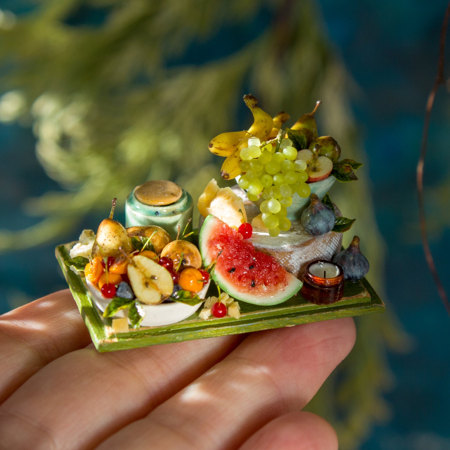 Miniature set with cheese and fruits for dollhouse in 1:12 scale 2