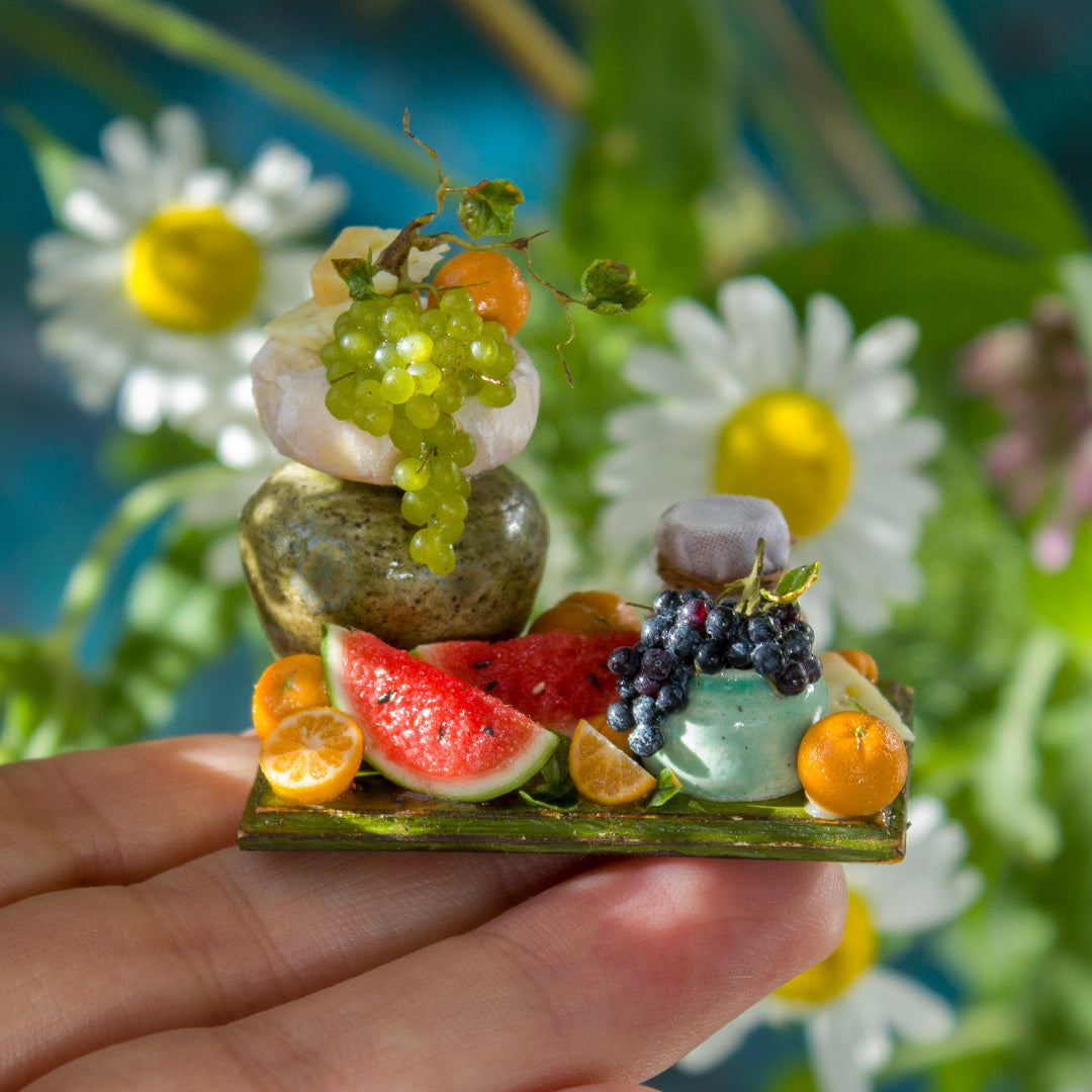 Miniature fruit and cheese still life for dollhouse in 1:12 scale 1