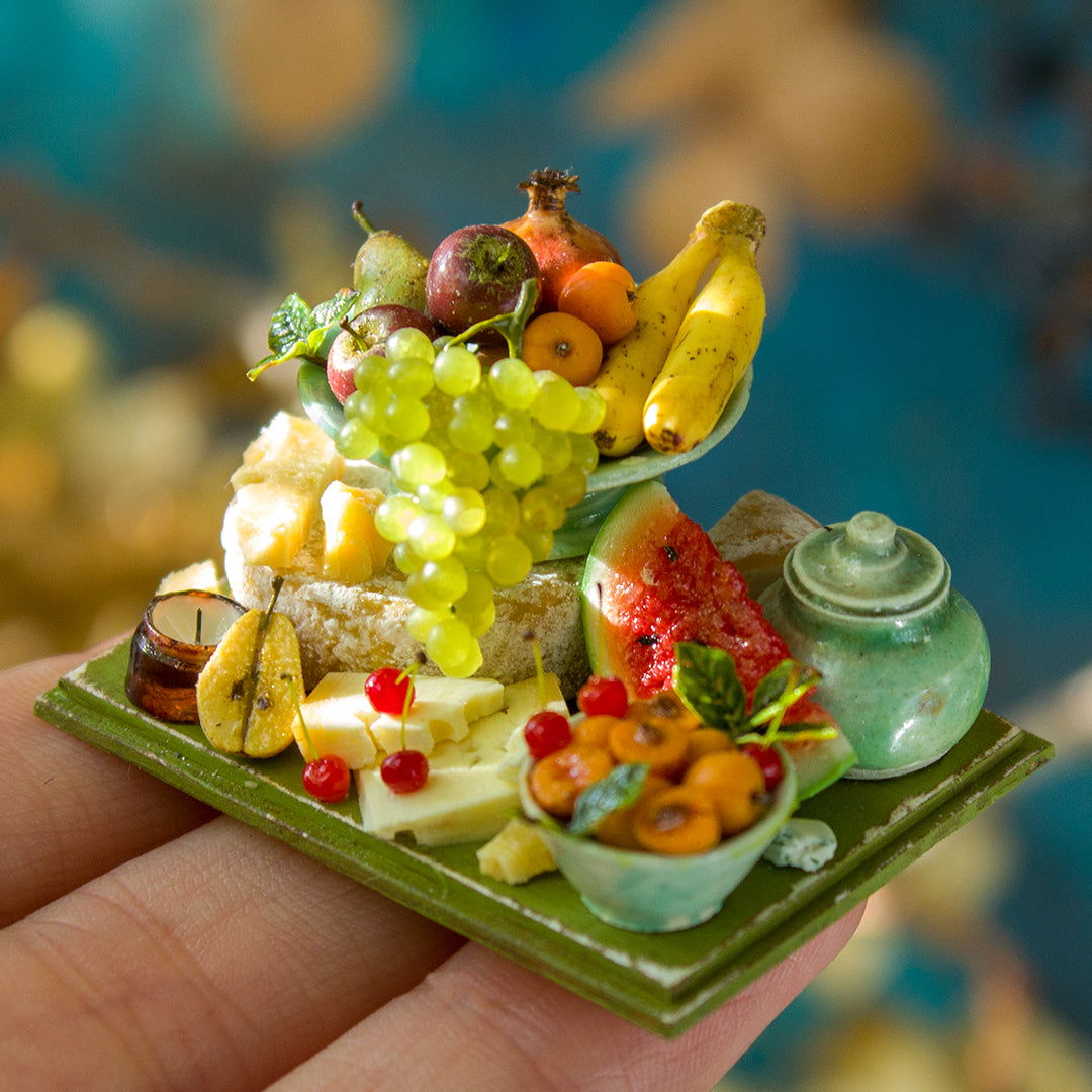 Miniature set with cheese and fruits for dollhouse in 1:12 scale 3 - Rina Vellichor