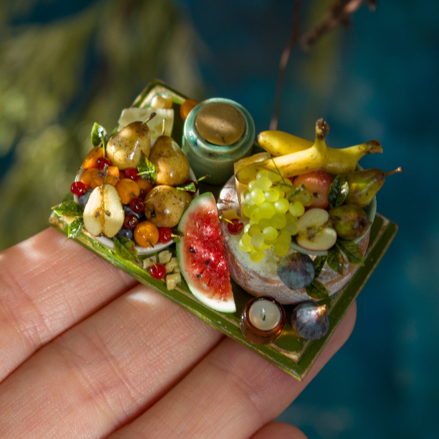 Miniature set with cheese and fruits for dollhouse in 1:12 scale 2