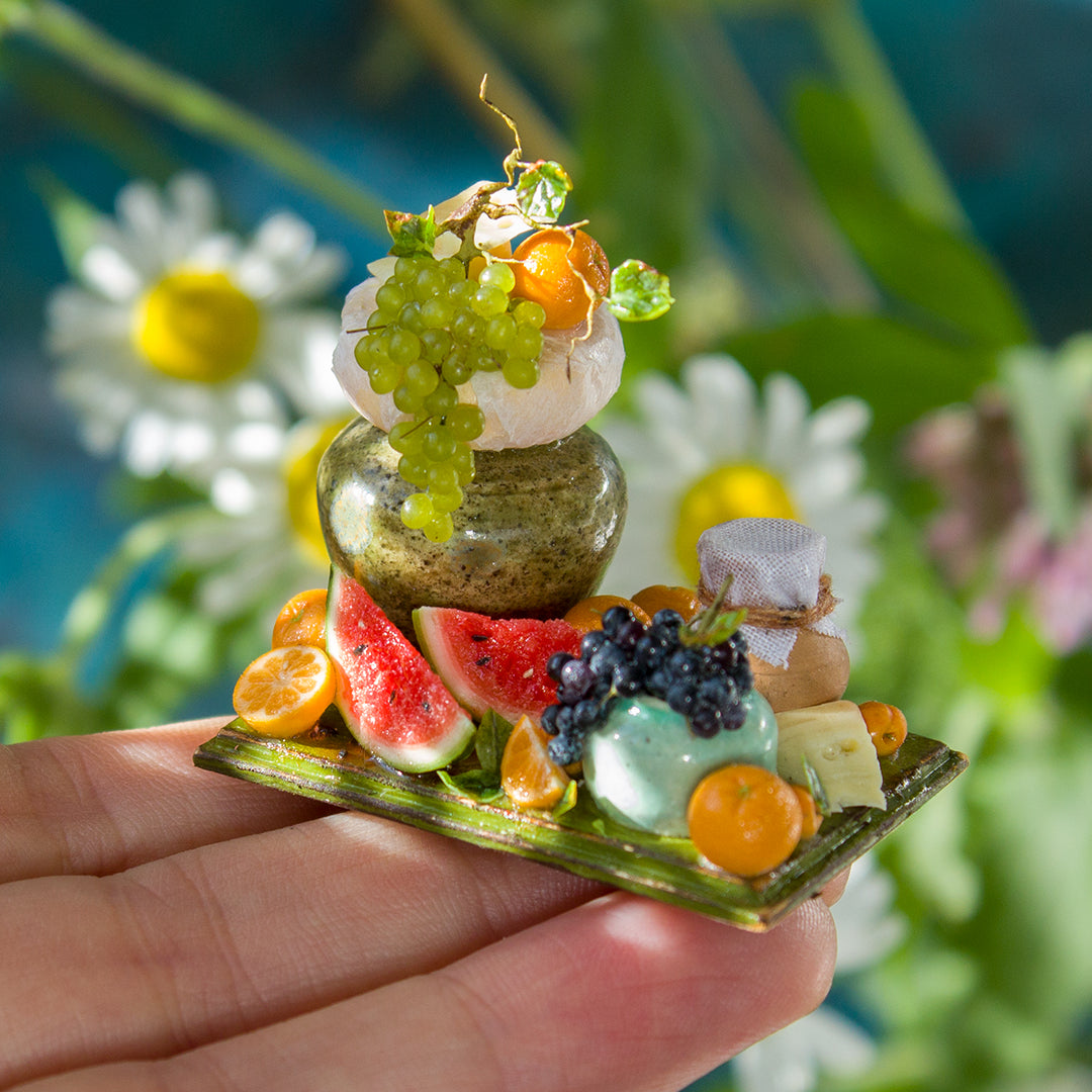 Miniature fruit and cheese still life for dollhouse in 1:12 scale 1