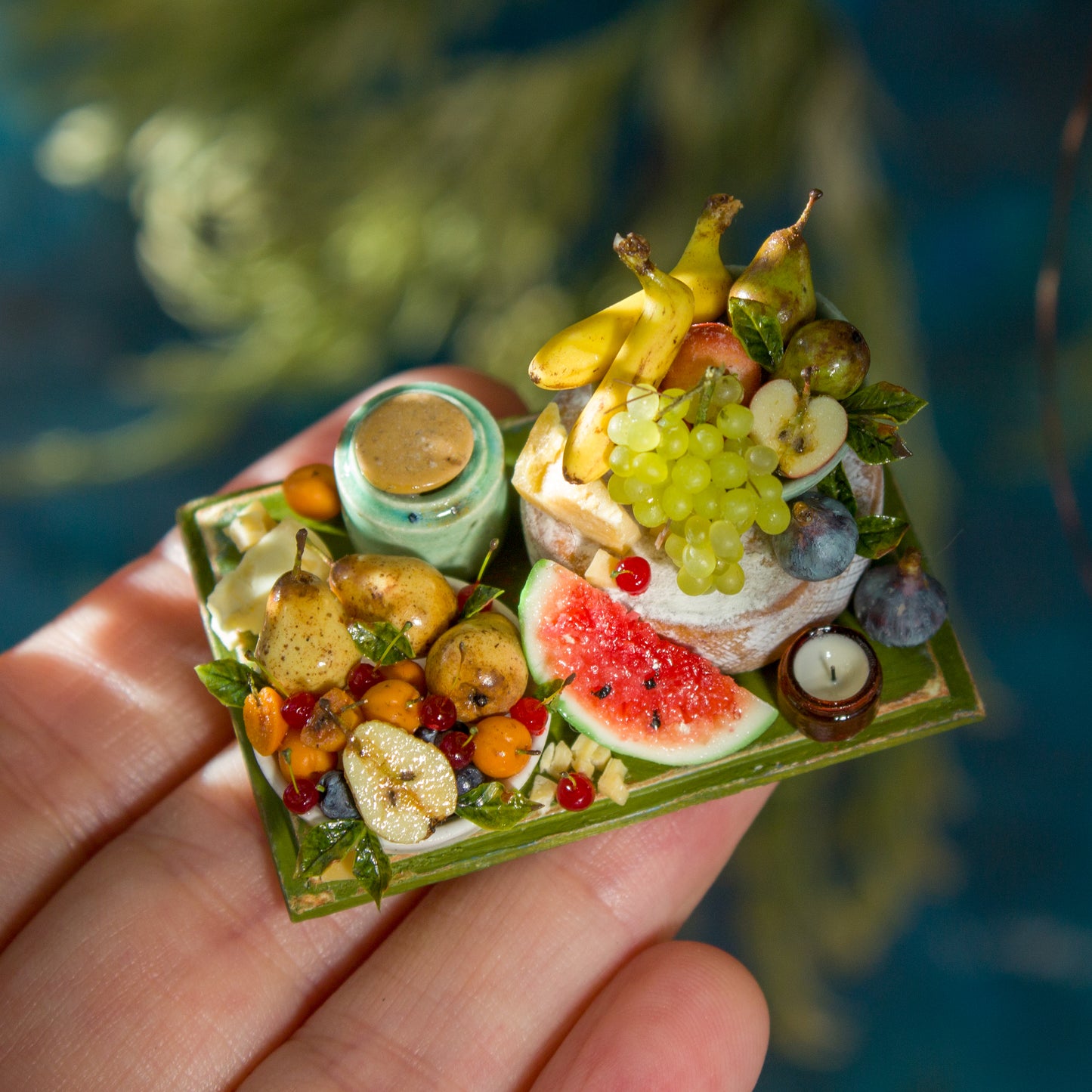 Miniature set with cheese and fruits for dollhouse in 1:12 scale 2