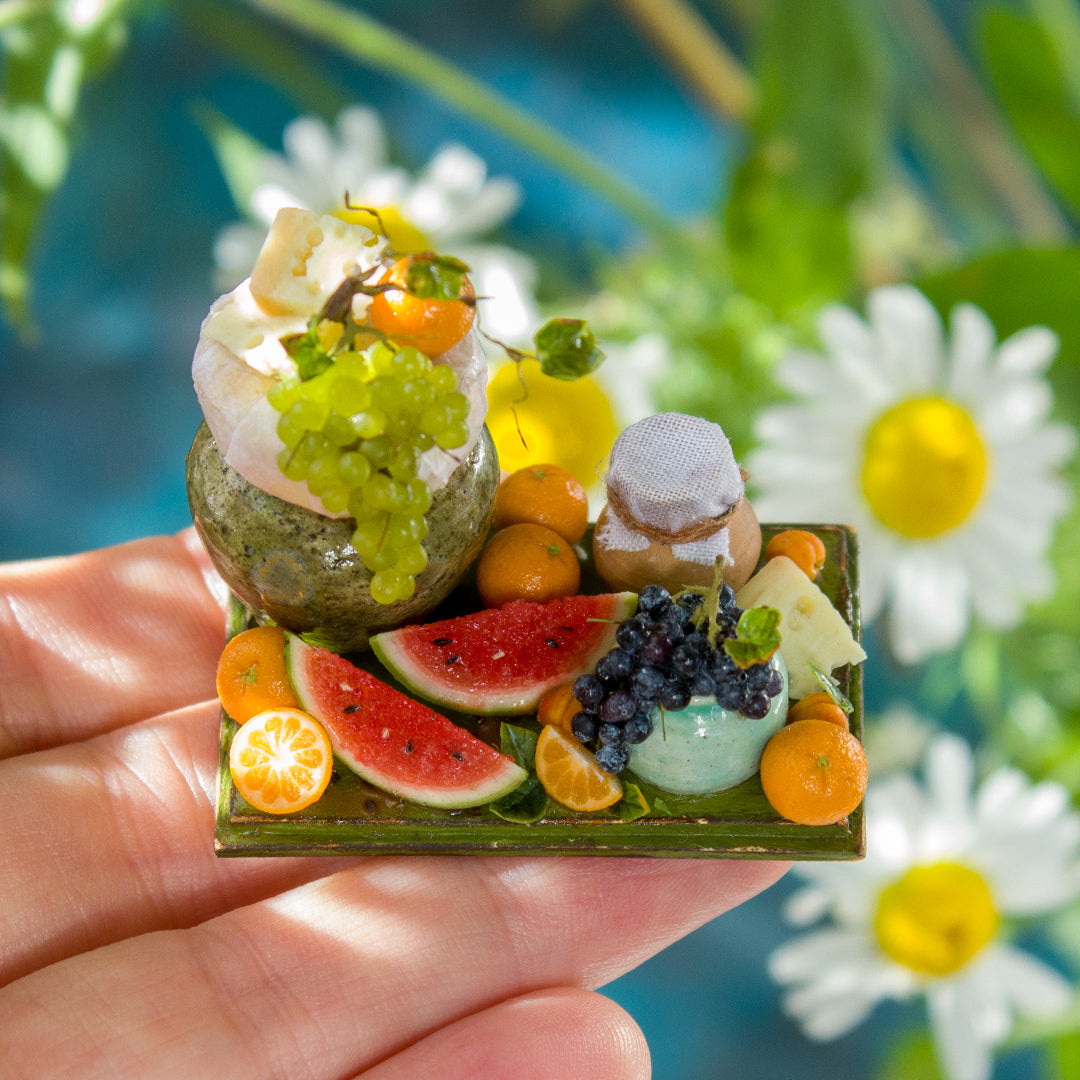 Miniature fruit and cheese still life for dollhouse in 1:12 scale 1