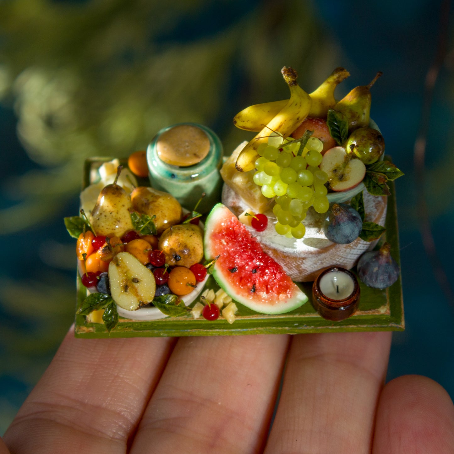 Miniature set with cheese and fruits for dollhouse in 1:12 scale 2