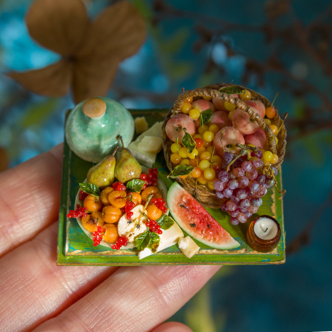 Miniature set with cheese and fruits for dollhouse in 1:12 scale 2