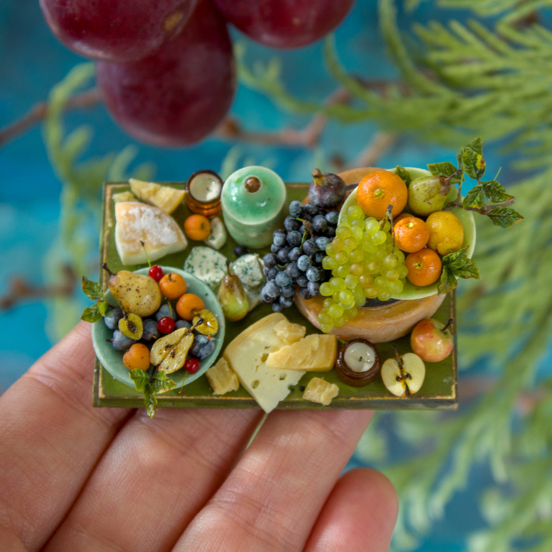 Miniature set with cheese and fruits for dollhouse in 1:12 scale 2 - Rina Vellichor