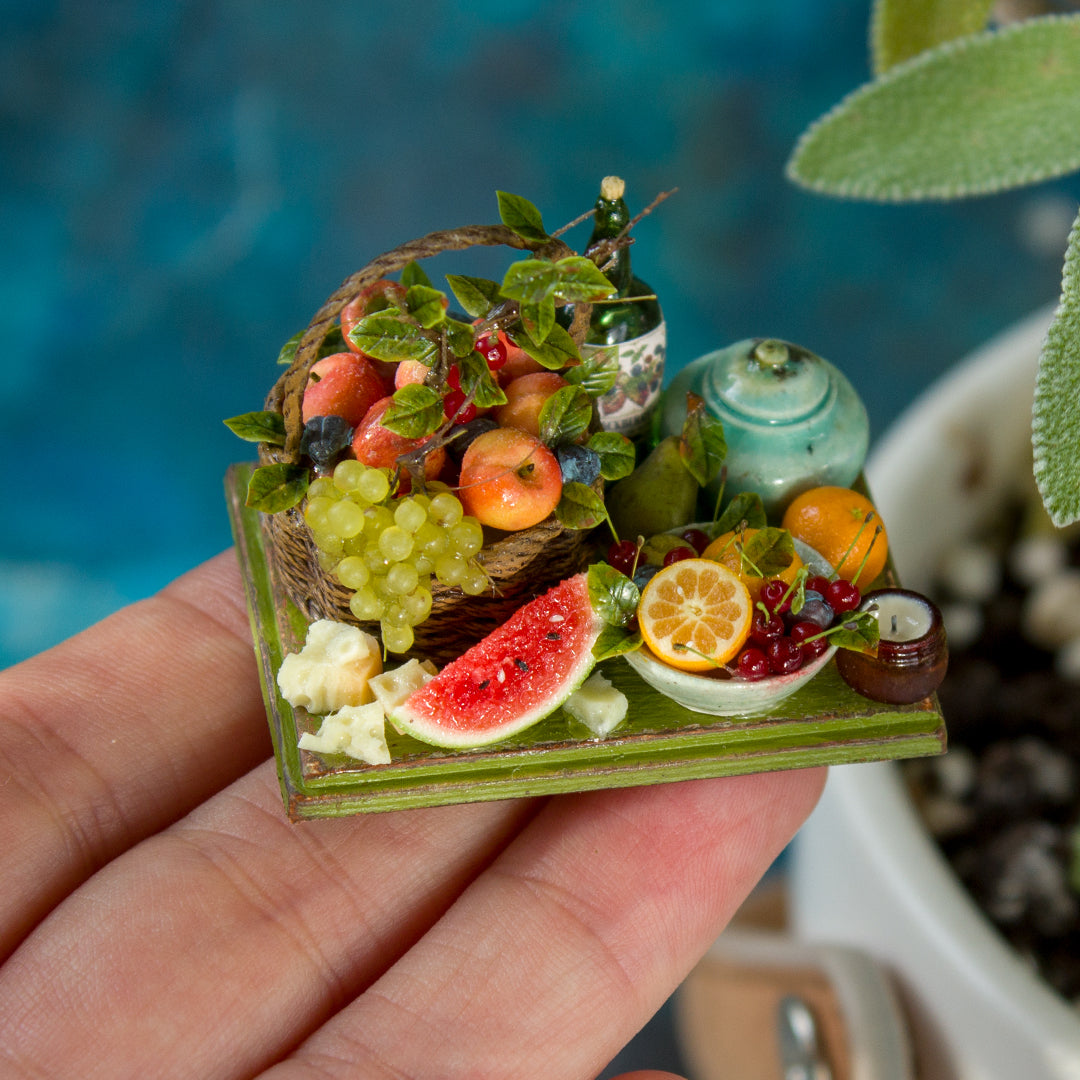 Miniature fruit and cheese still life for dollhouse in 1:12 scale 2
