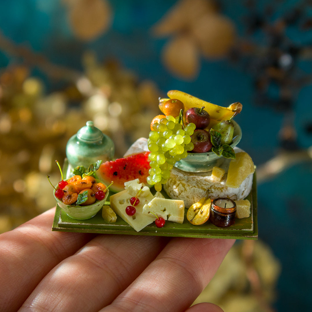 Miniature set with cheese and fruits for dollhouse in 1:12 scale 2 - Rina Vellichor