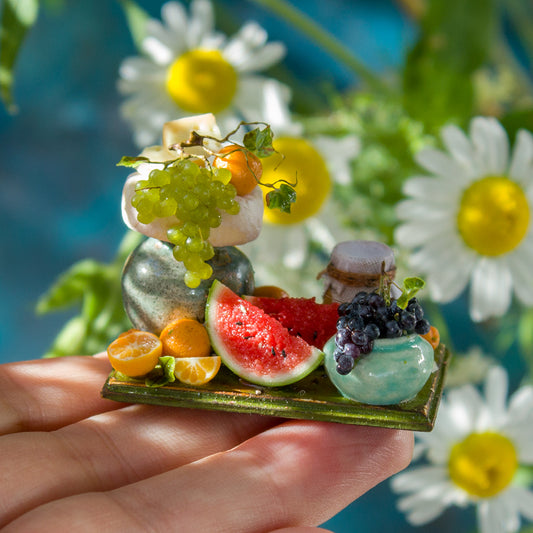 Miniature fruit and cheese still life for dollhouse in 1:12 scale 2 - Rina Vellichor