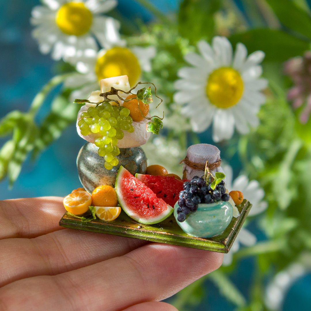 Miniature fruit and cheese still life for dollhouse in 1:12 scale 2