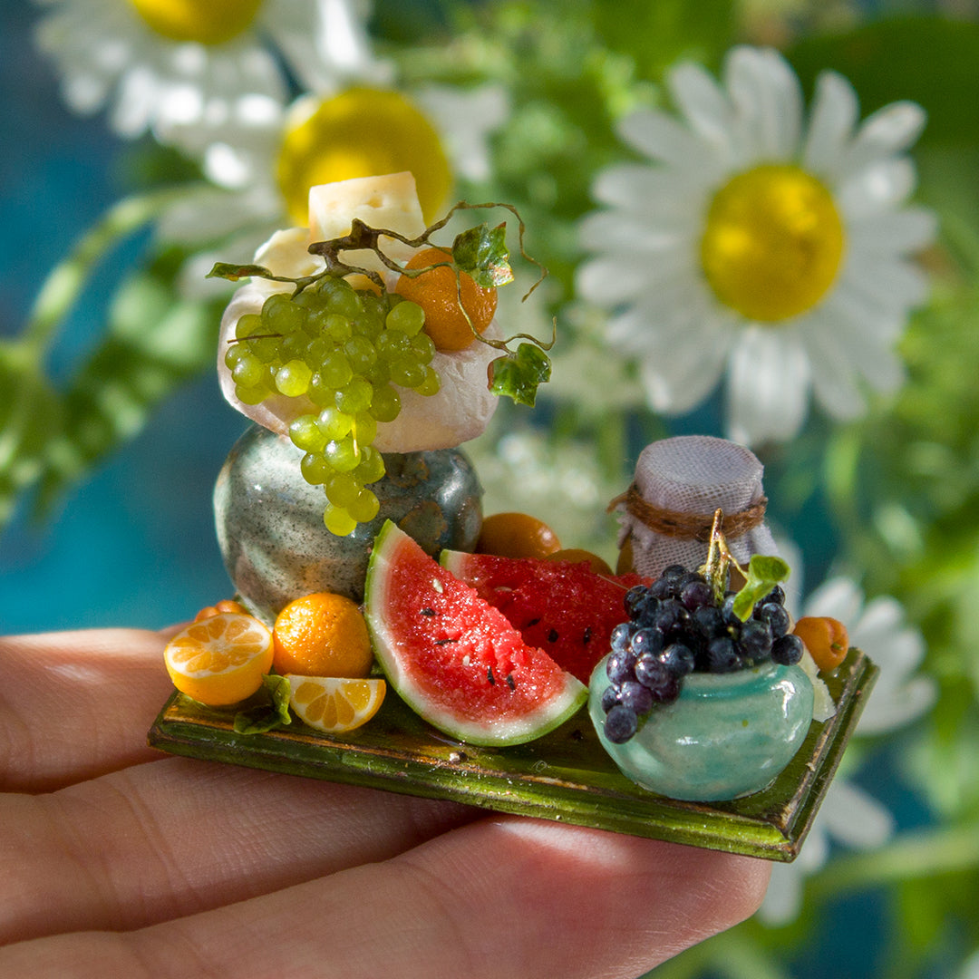 Miniature fruit and cheese still life for dollhouse in 1:12 scale 2