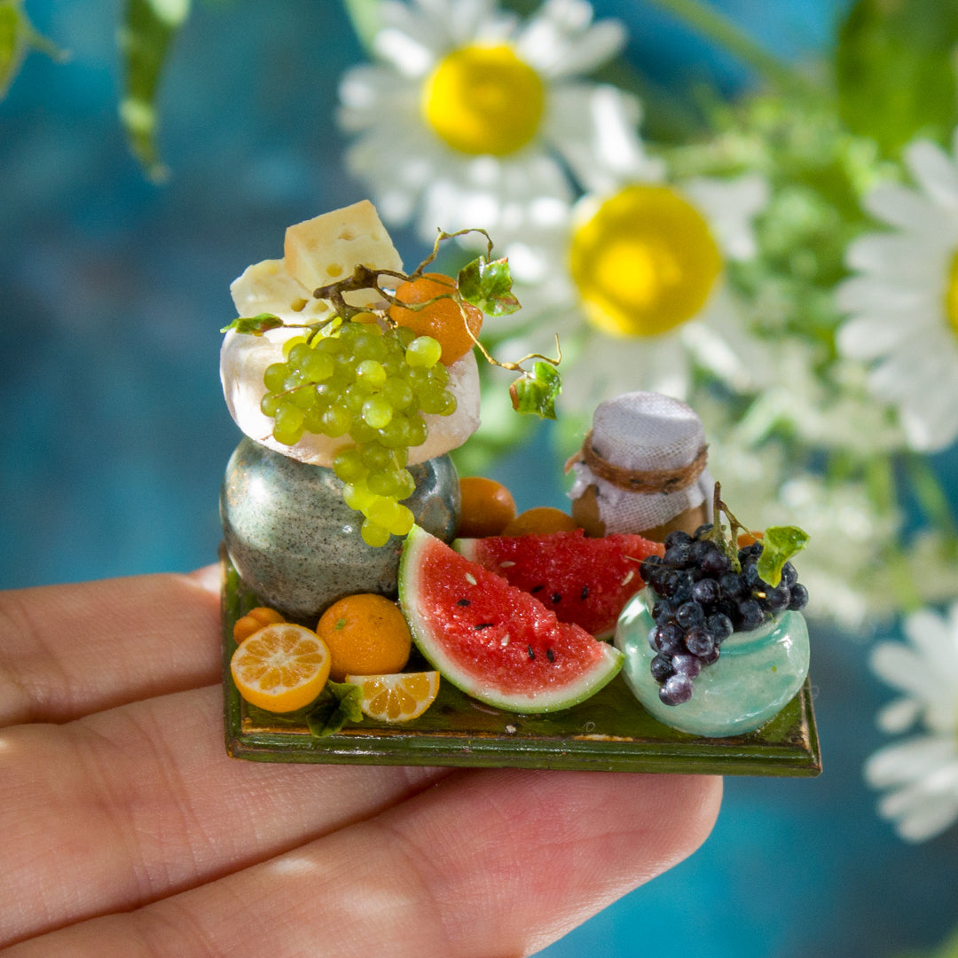 Miniature fruit and cheese still life for dollhouse in 1:12 scale 2