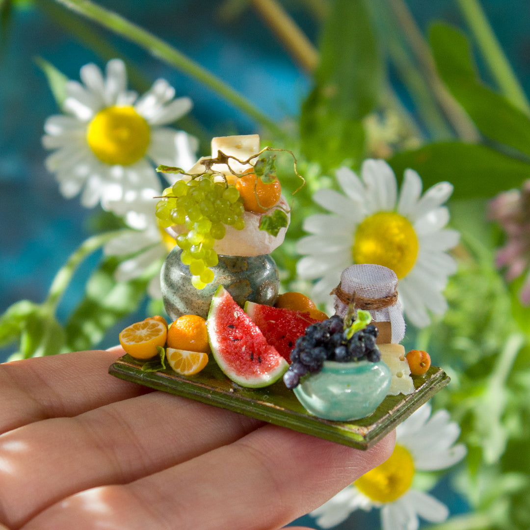 Miniature fruit and cheese still life for dollhouse in 1:12 scale 2