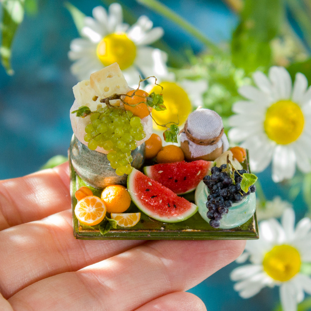 Miniature fruit and cheese still life for dollhouse in 1:12 scale 2