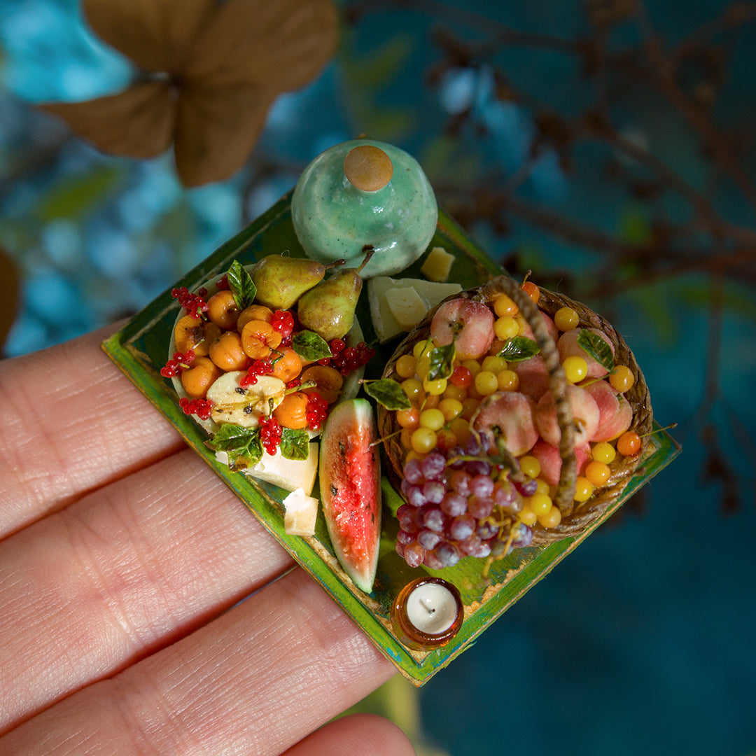 Miniature set with cheese and fruits for dollhouse in 1:12 scale 2