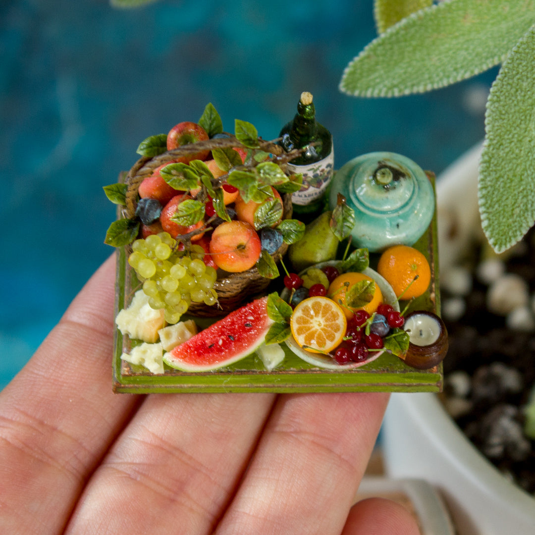 Miniature fruit and cheese still life for dollhouse in 1:12 scale 2