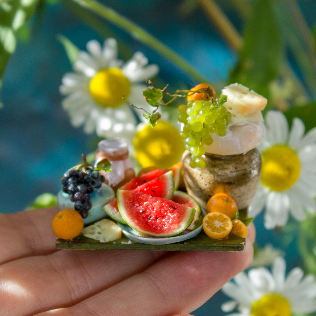 Miniature fruit and cheese still life for dollhouse in 1:12 scale 4