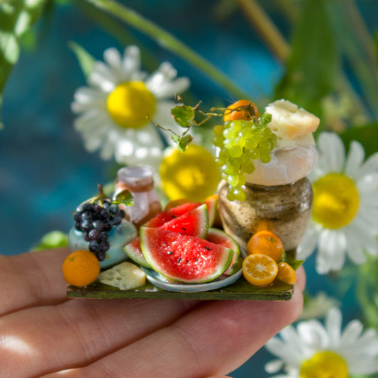 Miniature fruit and cheese still life for dollhouse in 1:12 scale 4