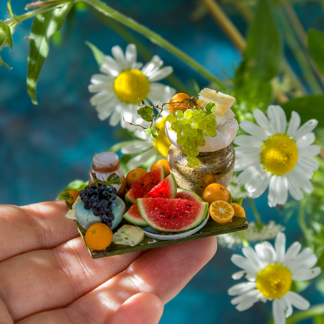 Miniature fruit and cheese still life for dollhouse in 1:12 scale 4