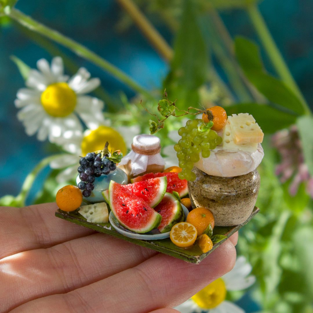 Miniature fruit and cheese still life for dollhouse in 1:12 scale 4