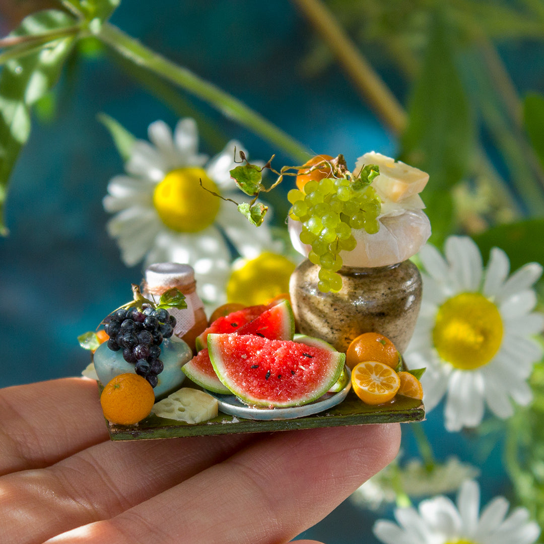 Miniature fruit and cheese still life for dollhouse in 1:12 scale 4