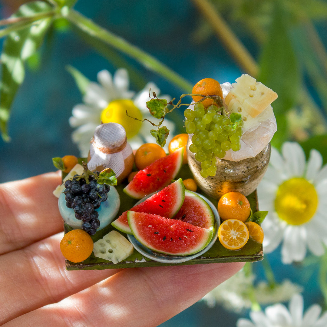 Miniature fruit and cheese still life for dollhouse in 1:12 scale 4