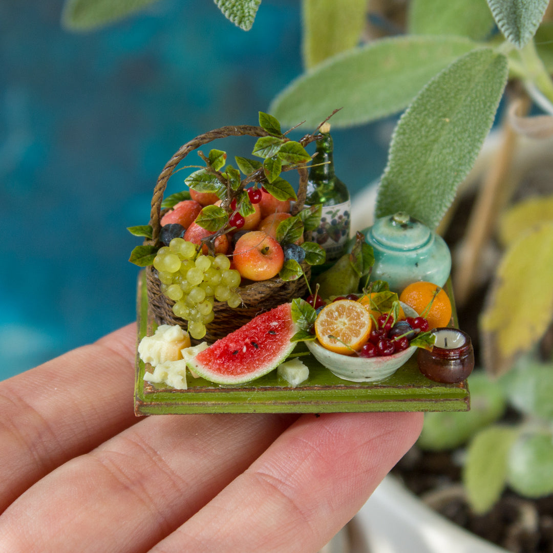 Miniature fruit and cheese still life for dollhouse in 1:12 scale 2