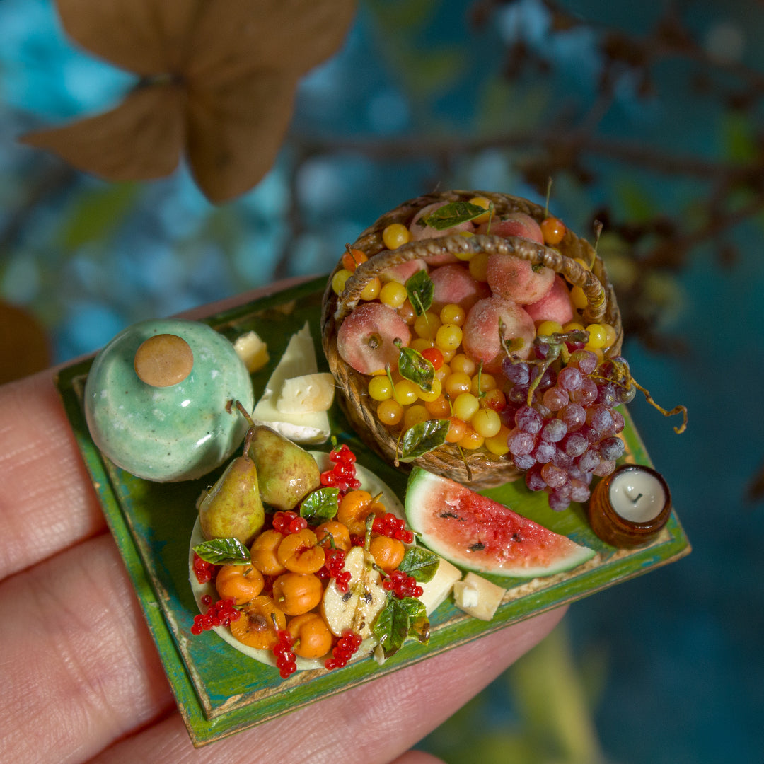 Miniature set with cheese and fruits for dollhouse in 1:12 scale 2