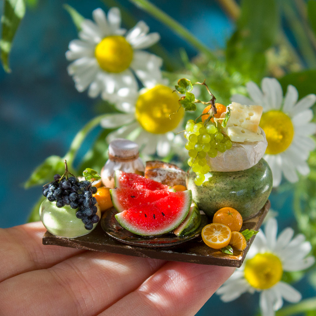 Miniature fruit and cheese still life for dollhouse in 1:12 scale 5