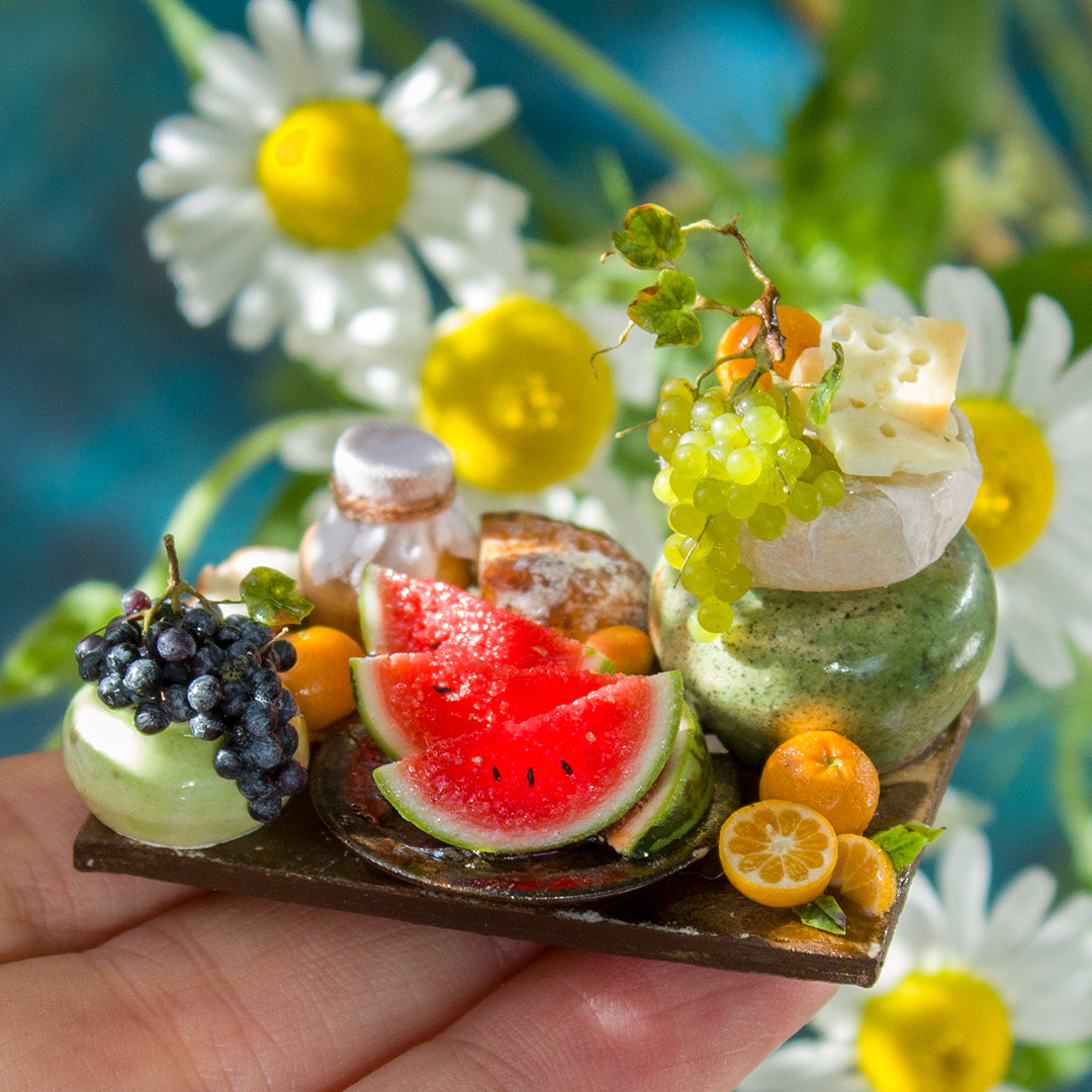 Miniature fruit and cheese still life for dollhouse in 1:12 scale 5