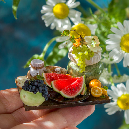 Miniature fruit and cheese still life for dollhouse in 1:12 scale 5