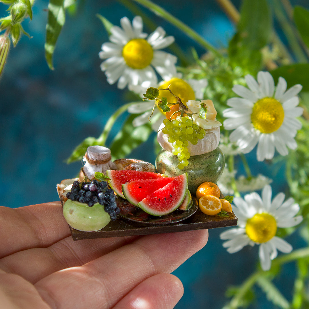 Miniature fruit and cheese still life for dollhouse in 1:12 scale 5