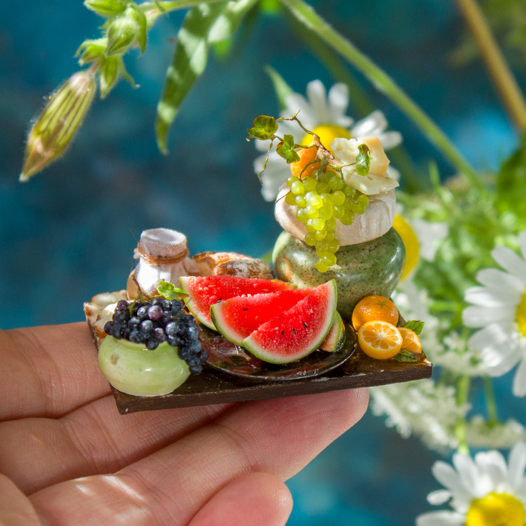 Miniature fruit and cheese still life for dollhouse in 1:12 scale 5