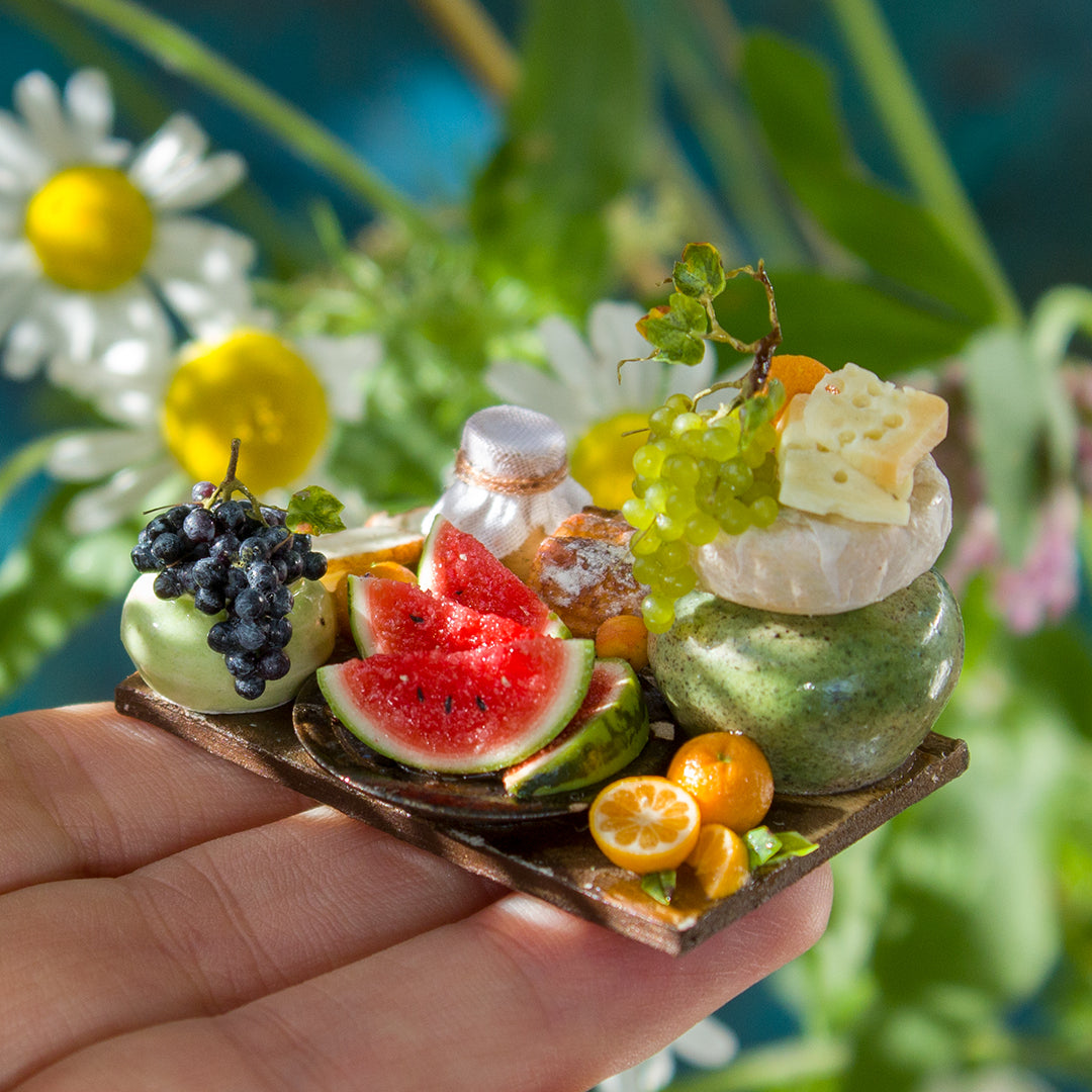 Miniature fruit and cheese still life for dollhouse in 1:12 scale 5