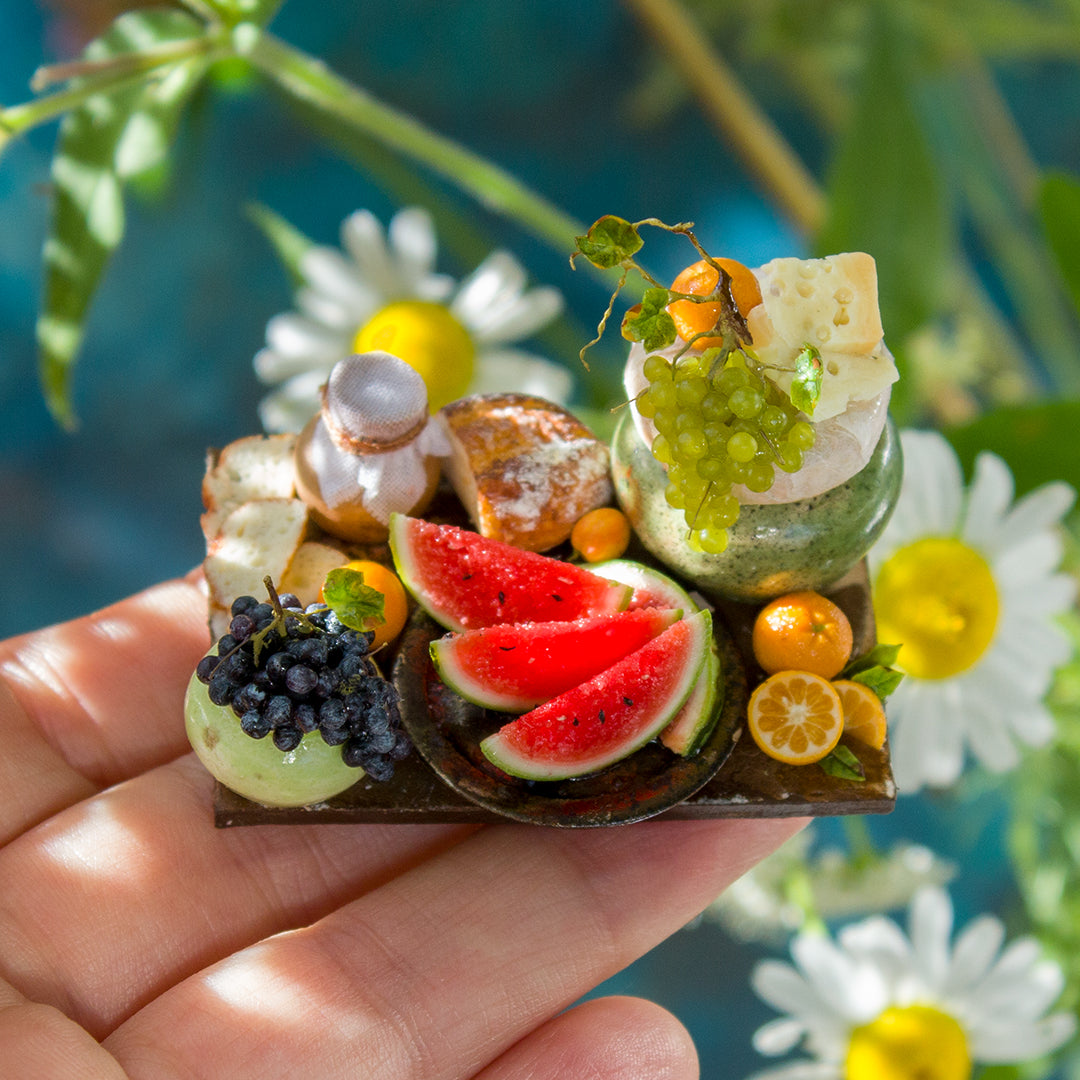Miniature fruit and cheese still life for dollhouse in 1:12 scale 5