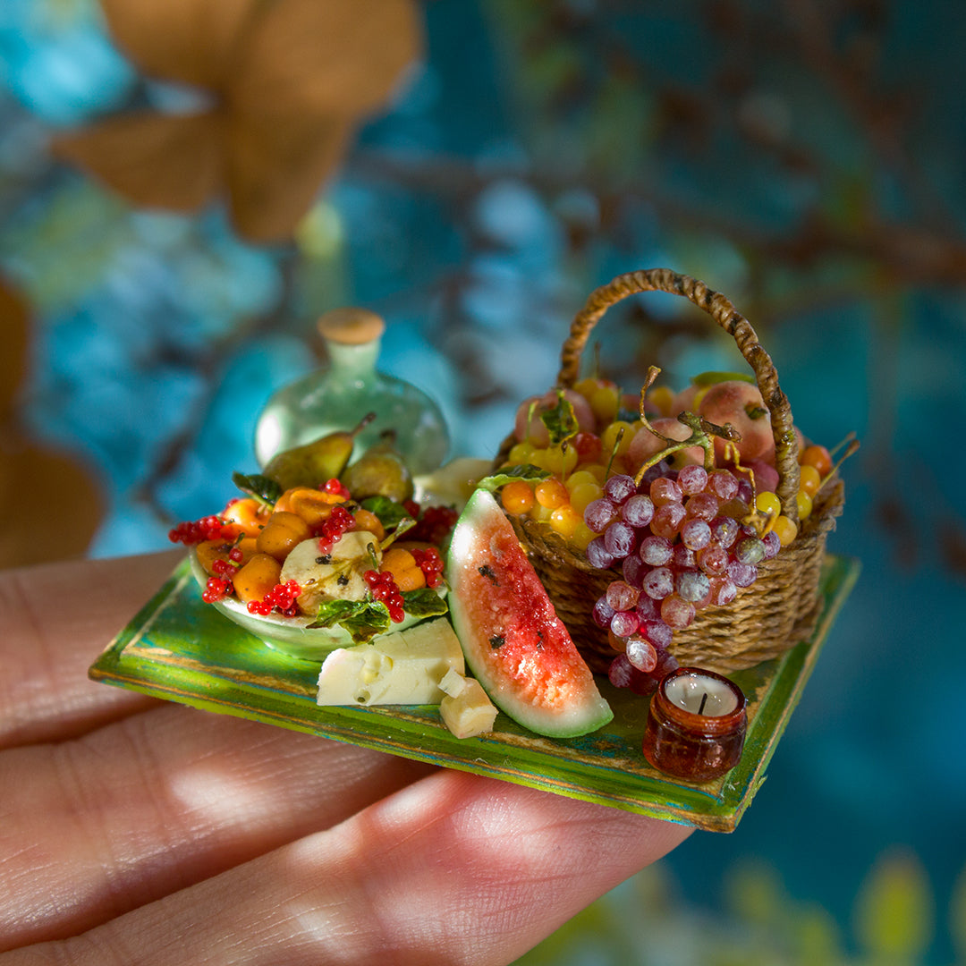 Miniature set with cheese and fruits for dollhouse in 1:12 scale 2