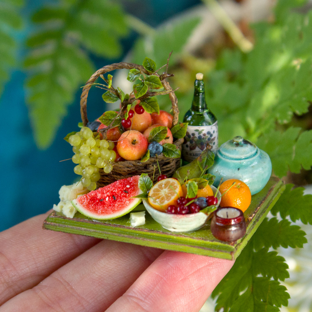 Miniature fruit and cheese still life for dollhouse in 1:12 scale 2