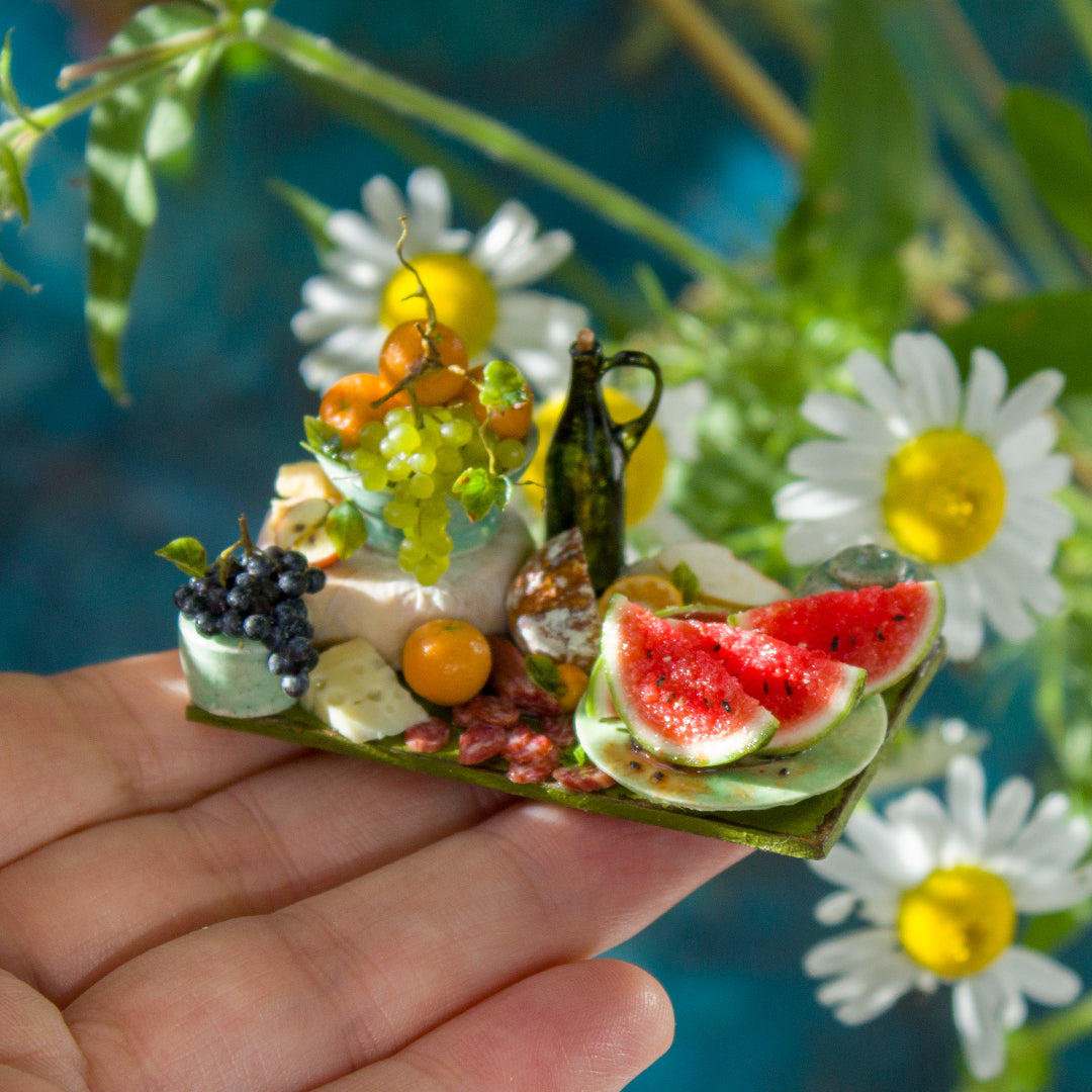 Miniature fruit and cheese still life for dollhouse in 1:12 scale 6