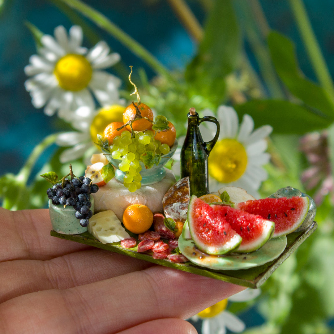 Miniature fruit and cheese still life for dollhouse in 1:12 scale 6