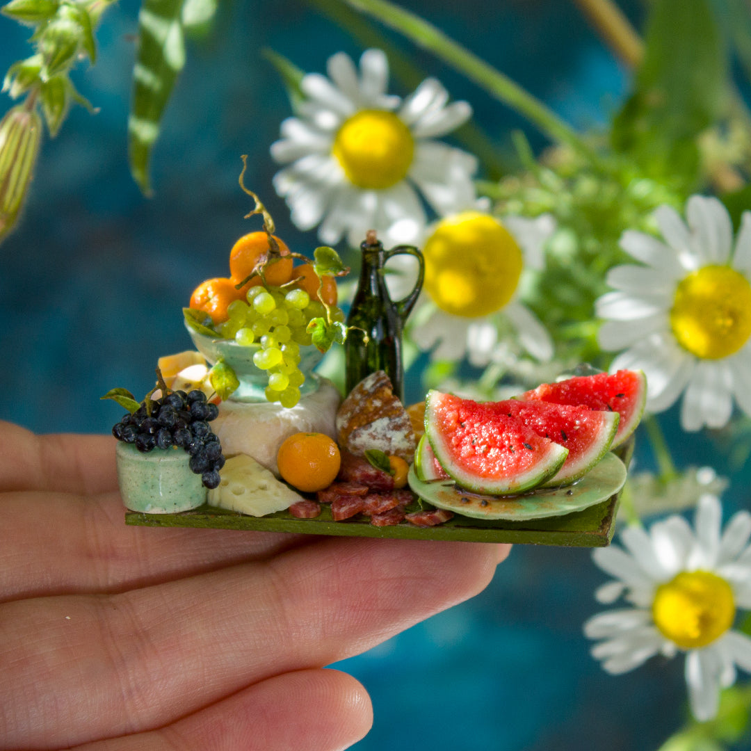 Miniature fruit and cheese still life for dollhouse in 1:12 scale 6