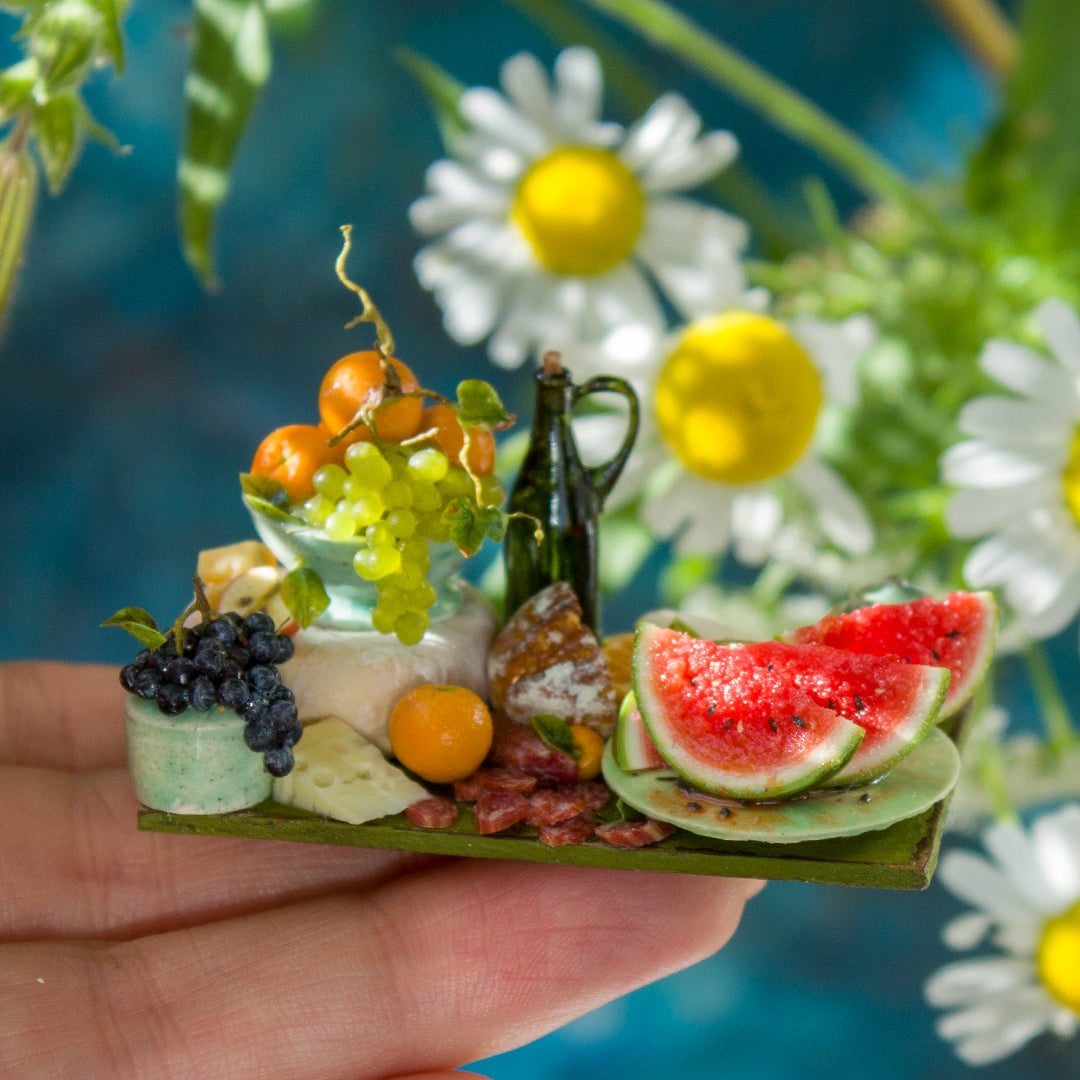 Miniature fruit and cheese still life for dollhouse in 1:12 scale 6