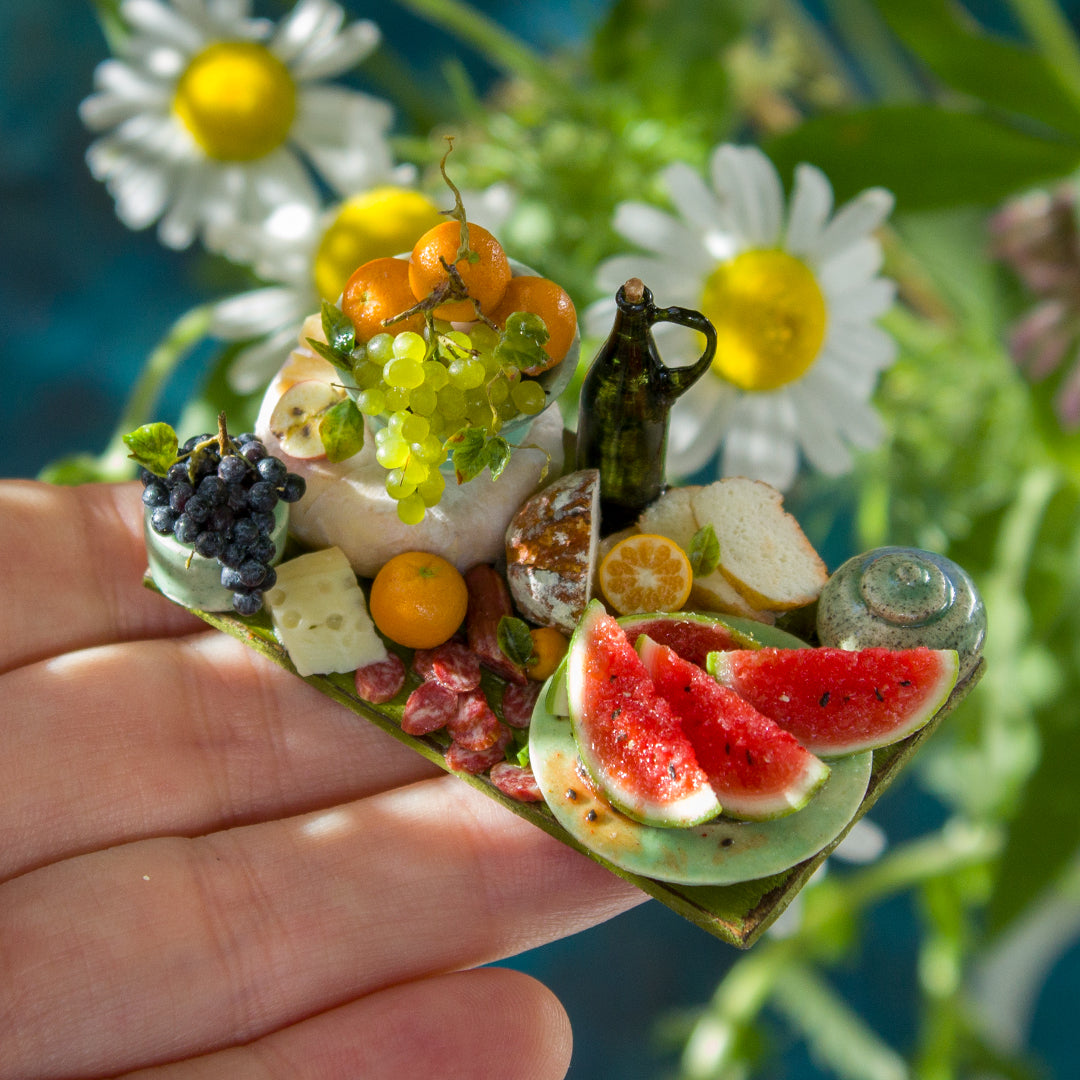 Miniature fruit and cheese still life for dollhouse in 1:12 scale 6
