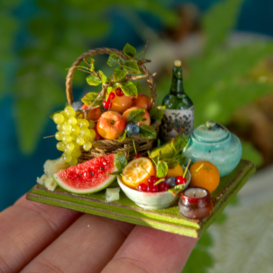 Miniature fruit and cheese still life for dollhouse in 1:12 scale 2