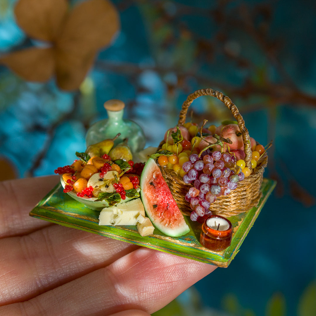 Miniature set with cheese and fruits for dollhouse in 1:12 scale 2