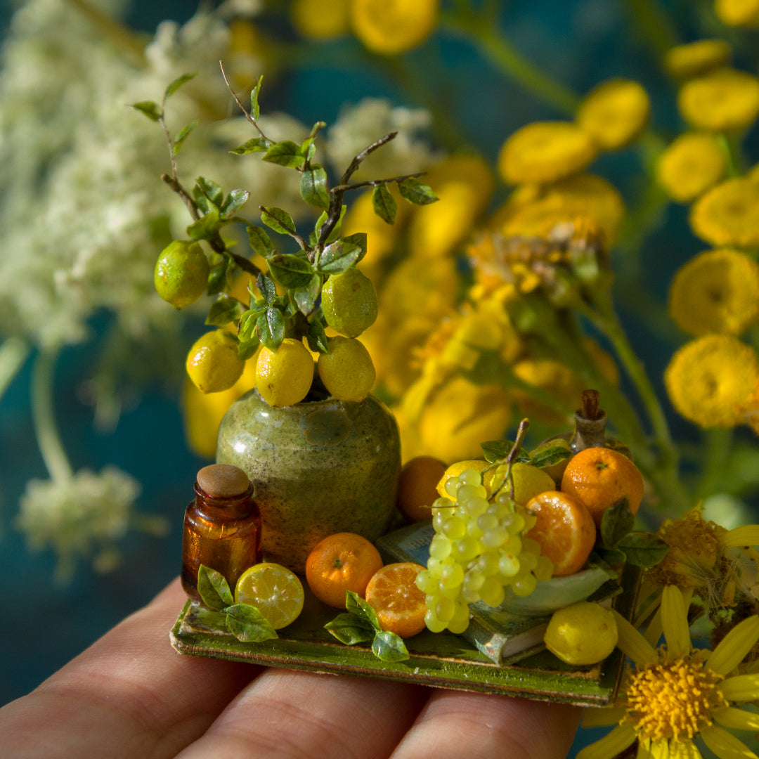 Miniature lemon and grape still life for dollhouse in 1:12 scale
